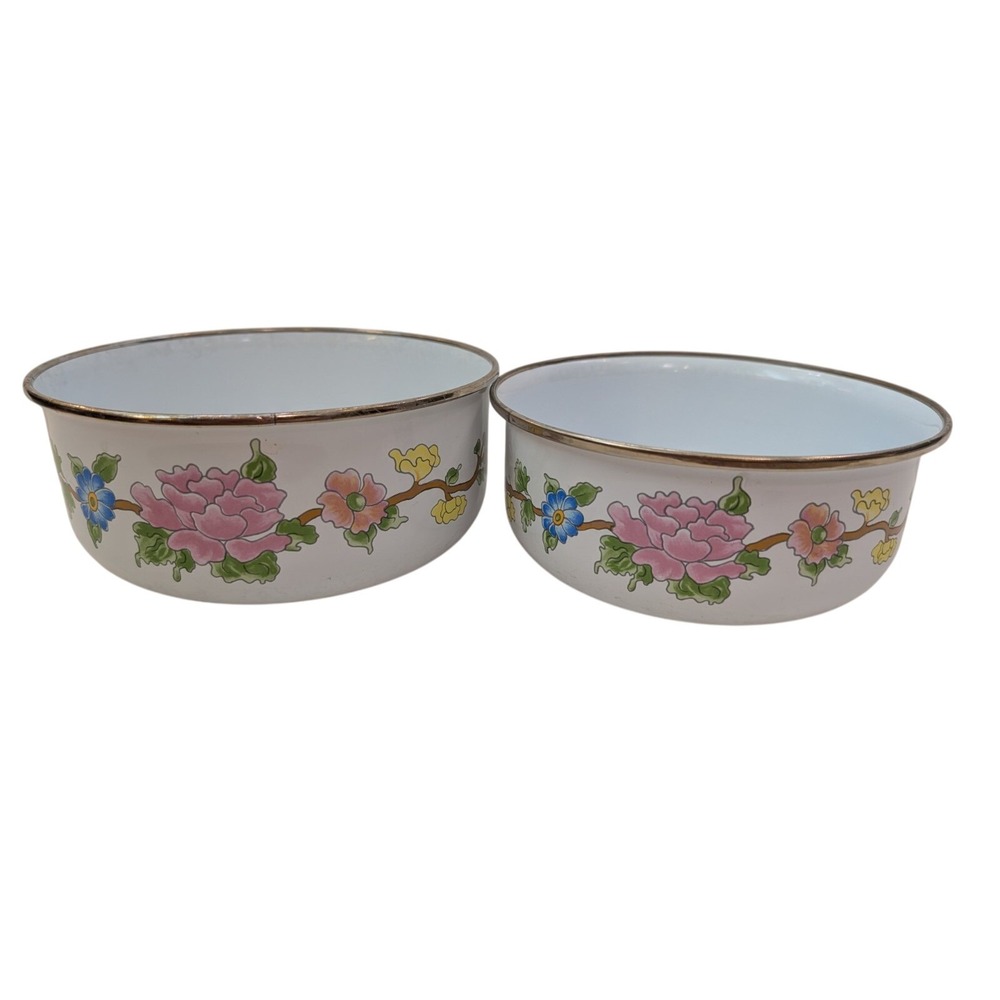 M. Kamenstein Floral Mixing‎ Nesting Bowls Vintage 1983 Enamelware Set of 2